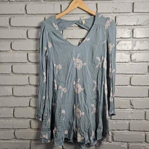 Free People Mini Dress XS Emma Floral Embroidered Austin Boho Keyhole Back Sage